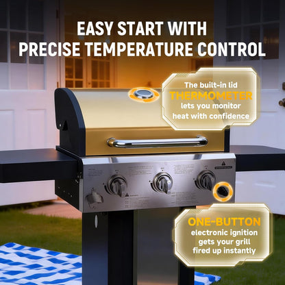 Redlife 3 Burner Propane Gas Grill, 30,000 BTU Outdoor BBQ Grill with Cast Iron Cooking Grates, Stainless Steel Warming Rack, Built-in Thermometer, Side Shelves, Removable Grease Tray, Yellow