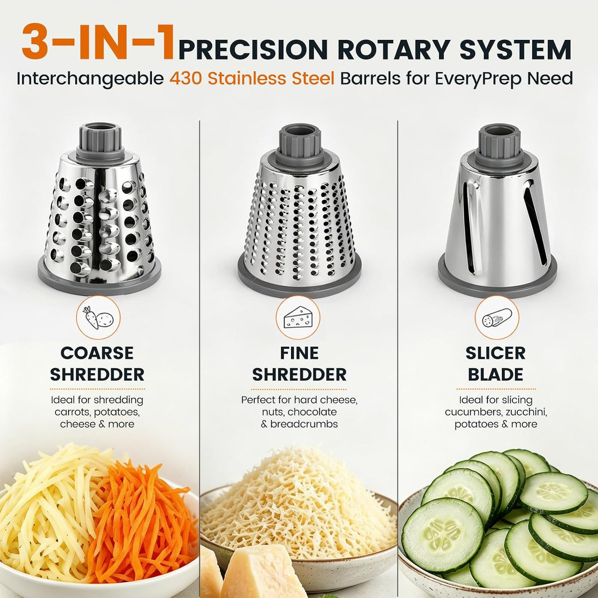 HANSGO Rotary Cheese Grater Hand Crank, Shredder Slicer Grinder, 3 Large Diameter Metal Blades & Cleaning Brush, Non-slip Suction Base, Labor-Saving Handle, Kitchen Gadgets for Cheese, Vegetable, Nuts