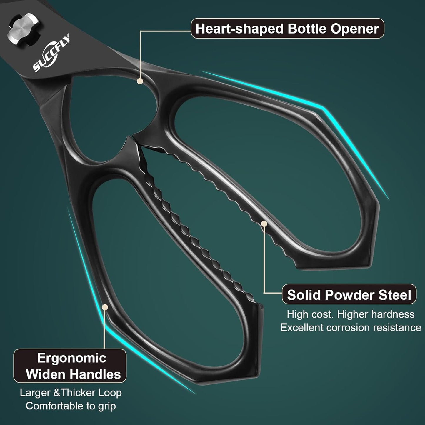 SUCCFLY Kitchen Scissors for Food，Premium Kitchen Shears Heavy Duty，8.8″Ultra Sharp Meat Scissors Detachable Blade，All Steel Poultry Shears Black Titanium Plated，Anti-Slip Cooking Scissor All Purpose