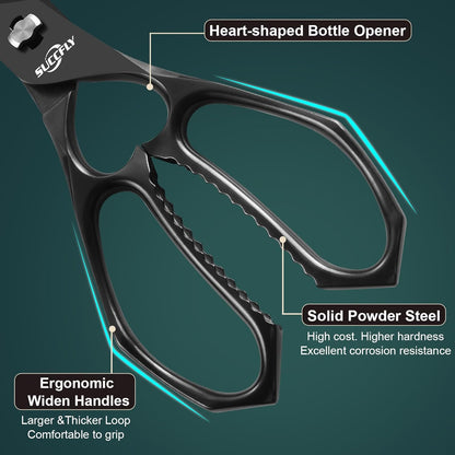 SUCCFLY Kitchen Scissors for Food，Premium Kitchen Shears Heavy Duty，8.8″Ultra Sharp Meat Scissors Detachable Blade，All Steel Poultry Shears Black Titanium Plated，Anti-Slip Cooking Scissor All Purpose