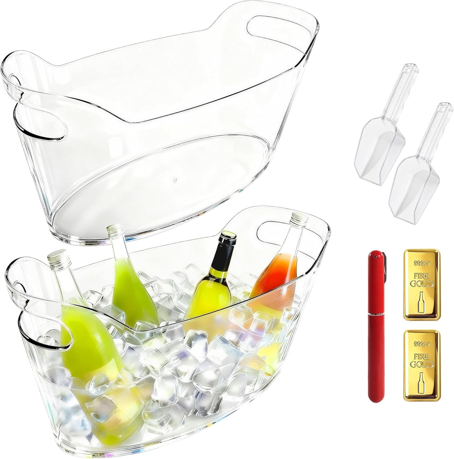 6.5L Large Ice Bucket for Parties, 2PCS Clear Acrylic Drink Buckets with Scoop & Metal Wine Bottle Opener, Champagne Bucket Tub for Wine, Beer, Cocktail Bar & Mimosa Bar Supplies Cooler