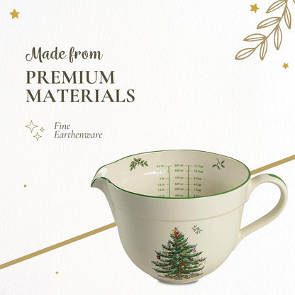 Spode Christmas Tree Batter Jug - Large 2 Quart Mixing Bowl with Handle & Spout, Holiday Bakeware for Pancakes, Cookies & More - Dishwasher Safe Earthenware with Interior Measurements
