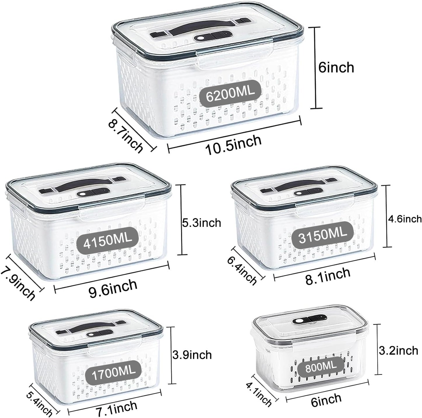 3Pack Fridge Food Storage Container Set with Lids with Strainer,Plastic Fresh Produce Saver Vegetable Fruit Meat Storage Organization, BPA-Free Plastic Produce Keepers(3.15L+1.7L+0.8L)