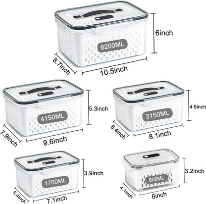 3Pack Fridge Food Storage Container Set with Lids with Strainer,Plastic Fresh Produce Saver Vegetable Fruit Meat Storage Organization, BPA-Free Plastic Produce Keepers(3.15L+1.7L+0.8L)