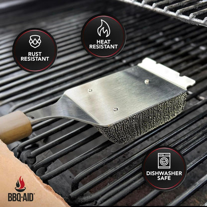 BBQ-AID Bristle Free Grill Brush and Scraper for Barbecue - Extended Large Wooden Handle with Replaceable Head - No Scratch BBQ Cleaning Accessories for Outdoor Grills
