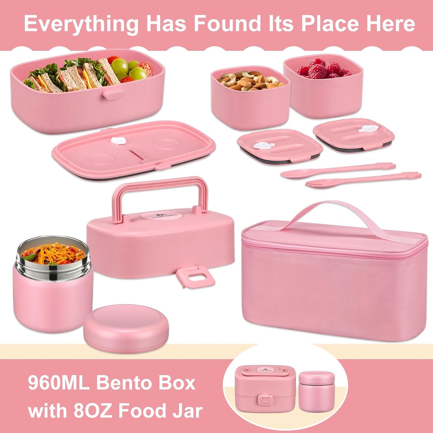 Pawtong Bento Lunch Box with 8oz Soup Thermo, Kids Sustainable Bento Box Leakproof Lunch Food Containers with Lunch Bag, Kids Thermo Insulated Hot Food Jar for School, Trvael (Blue)