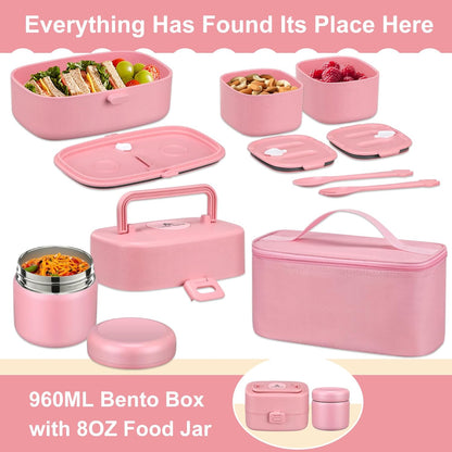 Pawtong Bento Lunch Box with 8oz Soup Thermo, Kids Sustainable Bento Box Leakproof Lunch Food Containers with Lunch Bag, Kids Thermo Insulated Hot Food Jar for School, Trvael (Blue)