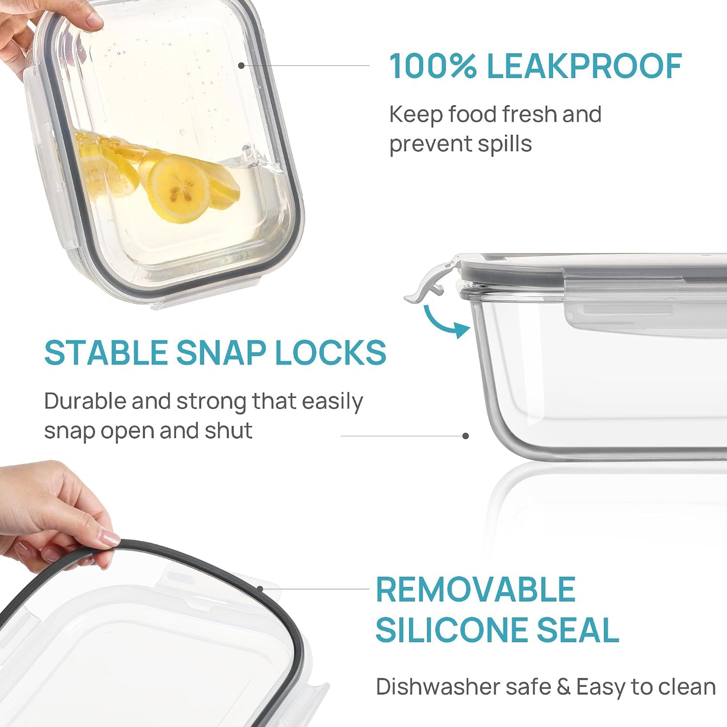 Vtopmart 2Pack 1860ml/63oz Large Glass Storage Containers with Lids, Meal Prep Food Container Set with Snap Airtight Lid for Baking, Microwave, Oven, Leak Proof, for Freezer, Dishwasher, Grey