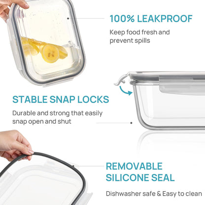 Vtopmart 2Pack 1860ml/63oz Large Glass Storage Containers with Lids, Meal Prep Food Container Set with Snap Airtight Lid for Baking, Microwave, Oven, Leak Proof, for Freezer, Dishwasher, Grey
