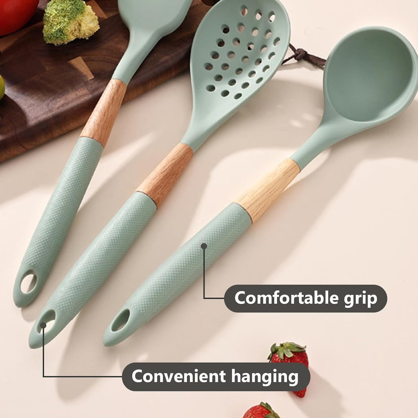 Cooking Kitchen Utensils Set, 7PCS Silicone Cooking Utensil Set with Rotating Holder, Heat Resistant Kitchen Essentials, Kitchen Gadgets for Cookware (Green)