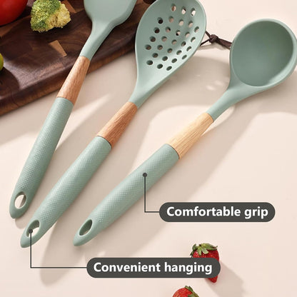 Cooking Kitchen Utensils Set, 7PCS Silicone Cooking Utensil Set with Rotating Holder, Heat Resistant Kitchen Essentials, Kitchen Gadgets for Cookware (Green)