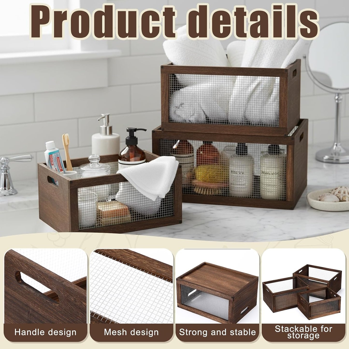 3 Pcs Wooden Countertop Baskets for Kitchen Bathroom, Easy Self-assembly Rustic Nesting Boxes with Handle and Wire Mesh, Multipurpose Wooden Crates for Fruit, Include Screws (3 Size,Dark Brown)