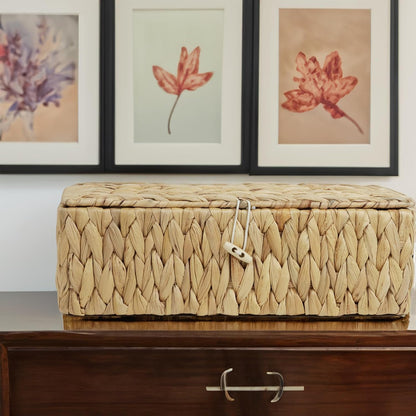 Water Hyacinth Storage Basket with Lid, Rectangular Tank Woven Wicker Baskets with Sections, Decorative Box for Snack Toys Bathroom (Water Hyacinth)