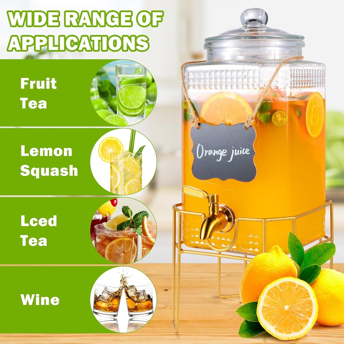 Drink Dispenser,2 Gallon Drink Dispensers for Parties,Beverage Dispenser with Stand,Glass Lid and Stainless Steel Spigot Leak-proof, Ideal for Lemonade,Juice, Tea, and Party Drinks
