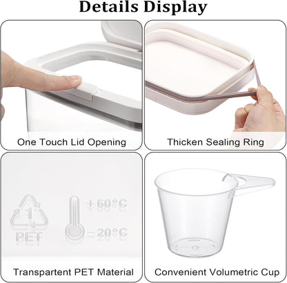 Kokone Flour Storage Container Airtight Rice Container for Kitchen Plastic Rice Dispenser with Lid & Cup Practical Food Storage Container for Grain Sugar Oatmeal Laundry Pods Dishwasher Pods