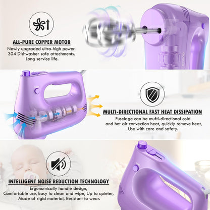 GUALIU Electric Hand Mixer, 304*(2* Beaters, 2* Dough Hooks), (1* Storage Bag) Handheld Mixer for Baking Cakes, Eggs, Cream Food Mixers, Turbo Boost /5 Speed Kitchen Blender PINK