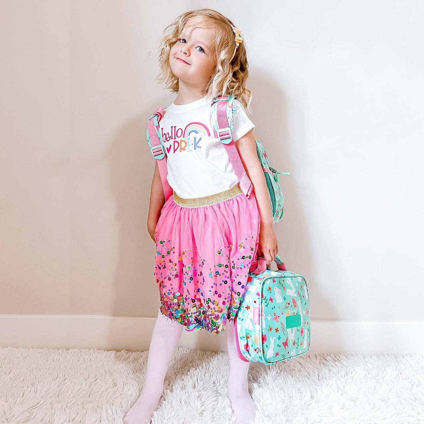 mibasies Kids Lunch Box for Girls Toddler, Insulated and Reusable Lunch Bag for School, Pink Rainbow