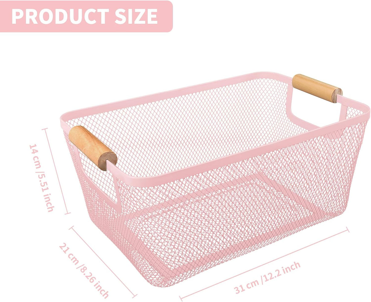 2Pack Metal Mesh Steel Basket with Bamboo Handle - Wire Metal Basket for Kitchen Organization, 12" Wide Food Organizer Bin, Perfect for Organizing Bulk Pantry (WHITE)