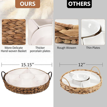 Ceramic Serving Tray, Food Tray 15.5 x 15.5 Inches,Divided Serving Platter with 6 Removable Dishes, Portable Handle Cattail Serving Bowls,Perfect for or Chips and Dip,Natural