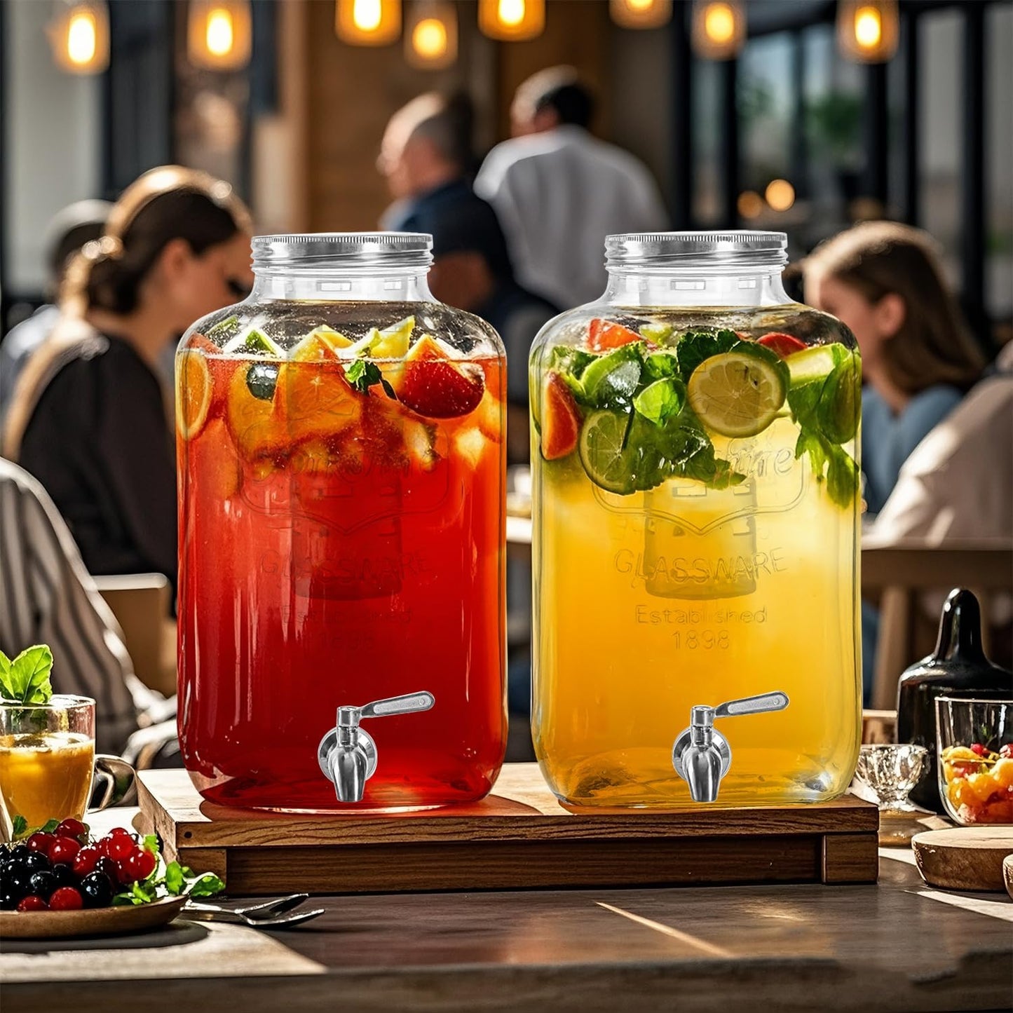1 Gallon Glass Drink Dispenser with Stand,2 Pack Glass Beverage Dispenser with Stainless Steel Spigot,Water Lemonade Dispenser for Parties