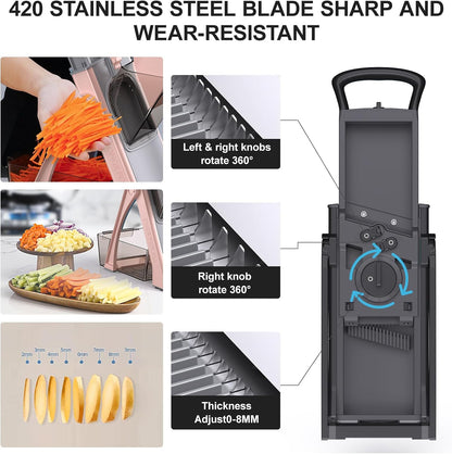 [All in 1] Upgraded Version Safe Mandoline Slicer for Kitchen, Adjustable Thickness. Veggie Slicer, Rapid Prep Mandoline, Detachable Blade, Cleaning Brush/Paring Knife (Black Knight)