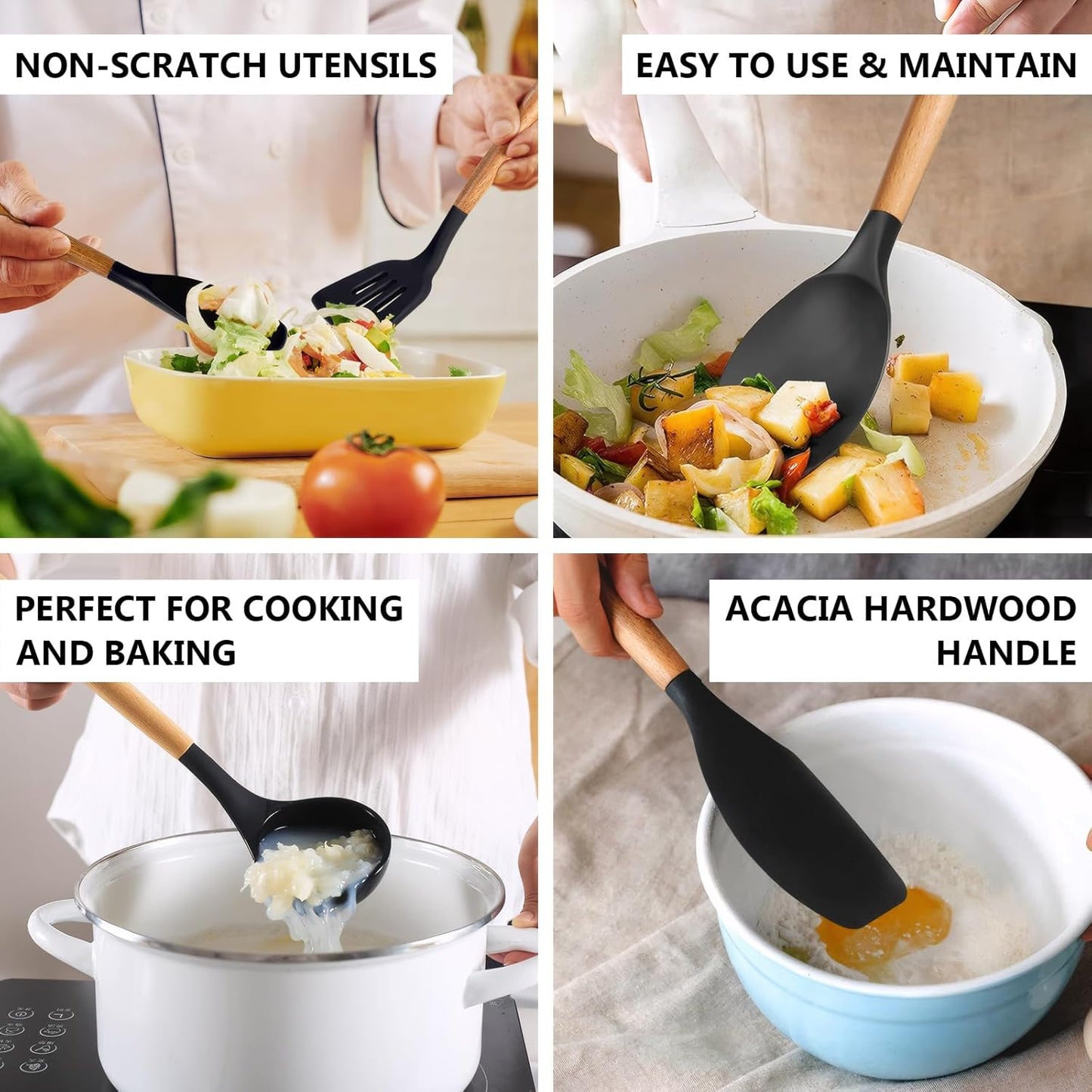 Kitchen Cooking Utensils Set, 6Pcs Silicone Kitchen Utensils Set Spatula Spoon Soup Ladle Turner, Heat Resistant Wooden Handle Silicone Cooking Gadgets for Nonstick Cookware & Baking BPA FREE
