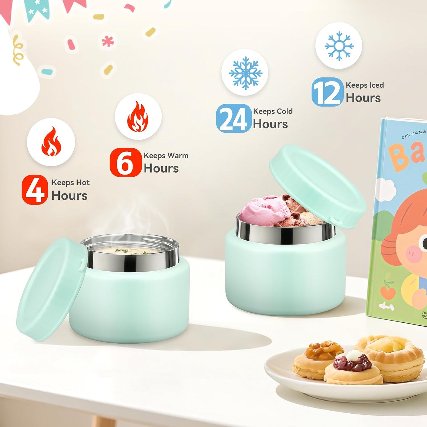 Aimsnk Magical Dinosaur Kids Lunch Box Set -12oz Insulated Food Jar, Leakproof Lunch Food Containers Cutlery, Leak-Proof Sauce Cup & Spoon, Gradient Green+Jar Green