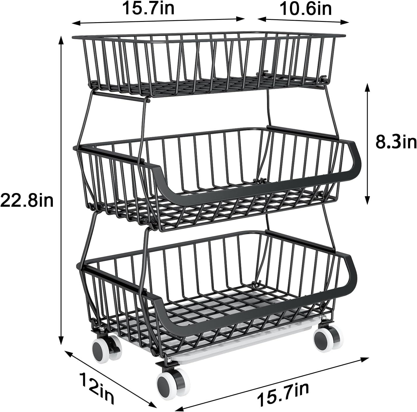 3-Tier Rolling Pantry Floor Organizer, Stackable Pantry Storage Cart with Wheels, Metal Wire Pantry Baskets, Kitchen Fruit Basket Stand, Vegetable Storage Rack for Fruits Snacks Onions Potatoes,1 Pack