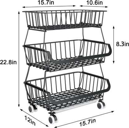 3-Tier Rolling Pantry Floor Organizer, Stackable Pantry Storage Cart with Wheels, Metal Wire Pantry Baskets, Kitchen Fruit Basket Stand, Vegetable Storage Rack for Fruits Snacks Onions Potatoes,1 Pack