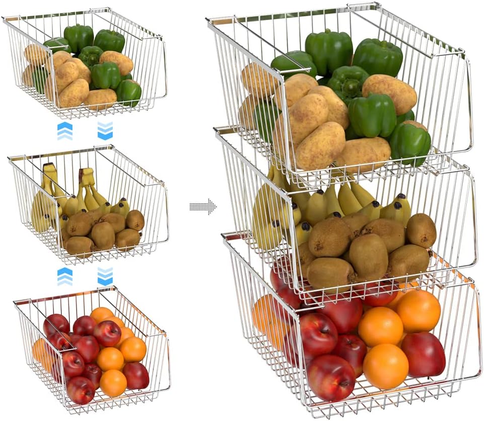 Wire Storage Basket Stackable Organizer Storage Baskets Bins Sturdy Metal Organization with Handles for Pantry, Kitchen, Closets, Bathroom, Cabinets, Kitchen, Set of 3
