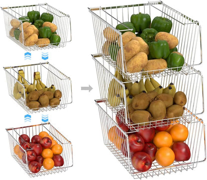 Wire Storage Basket Stackable Organizer Storage Baskets Bins Sturdy Metal Organization with Handles for Pantry, Kitchen, Closets, Bathroom, Cabinets, Kitchen, Set of 3