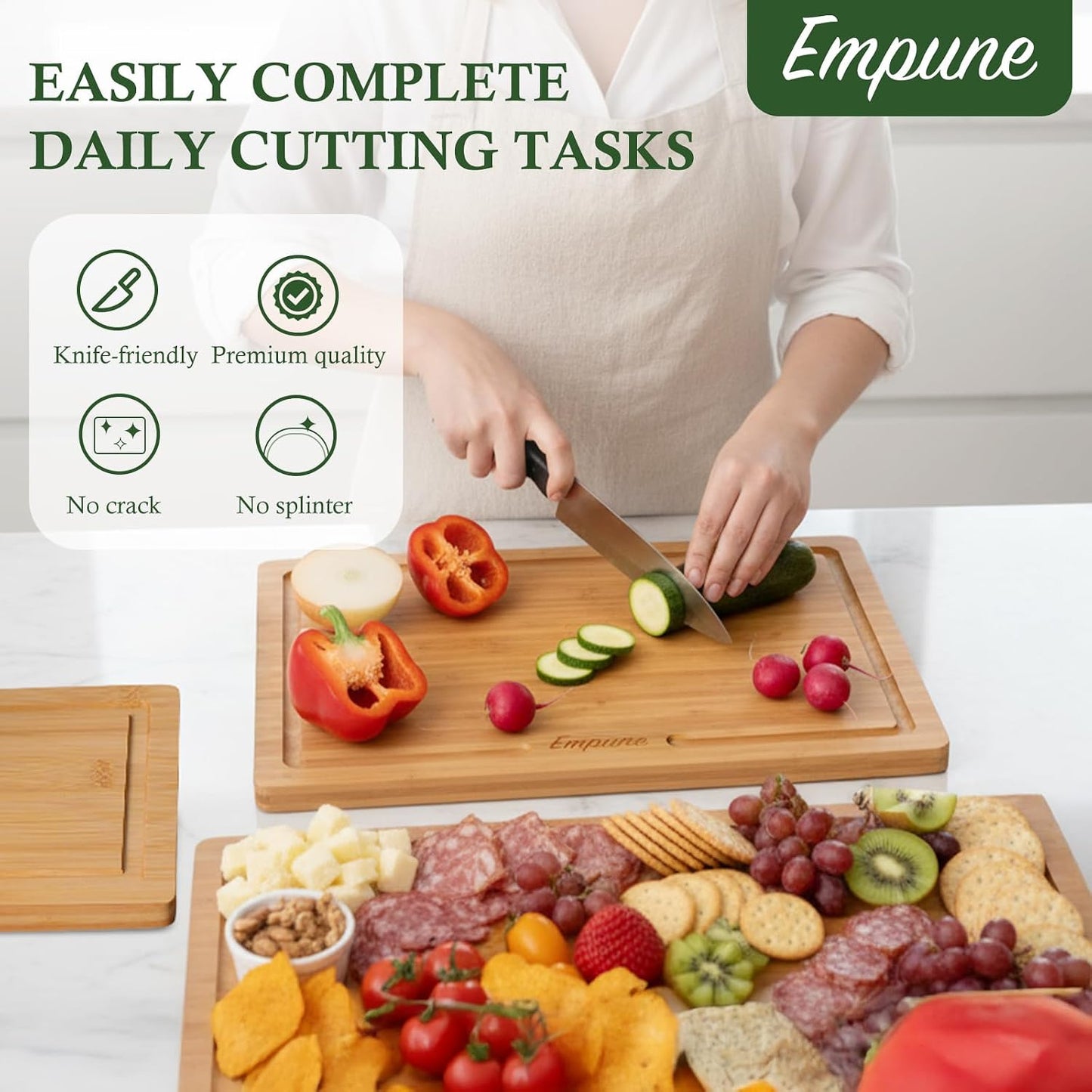 Empune Bamboo Cutting Boards for Kitchen, 3 Piece Extra Thick Cutting Board Set with Juice Groove, Deep Carbonized Bamboo Chopping Board, Reversible Wood Cutting Board for charcuterie boards, Brown