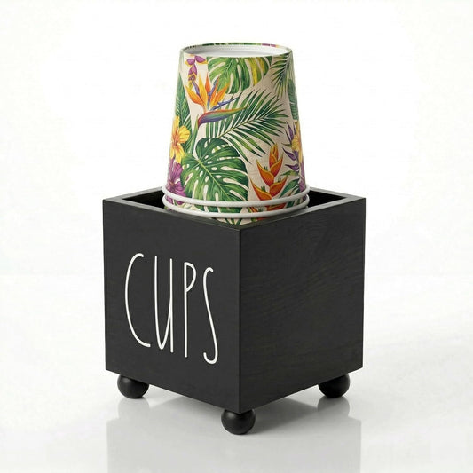Bathroom Cup Dispenser, Farmhouse Dixie Cup Holder, 3 oz 5 oz Paper Mouthwash Cup Storage Box, Wooden Disposable Cup Caddy, Water Dispenser Cup Holder for Counter top (Black)