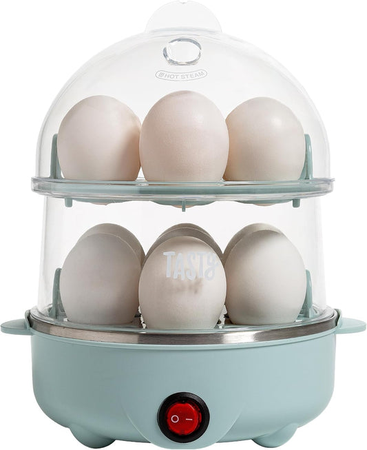 Tasty 2-Tier Electric Egg Cooker, Hard Boiled Egg Cooker, Poacher, Omelet Maker with Auto Shut-Off, Stainless Steel Heating Plate, 14-Egg Capacity, Aqua