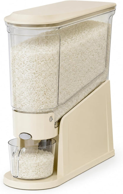 ROOM127 Rice Dispenser 22 Lbs, Large Airtight Grain Container, Cream White | Family Size Storage, BPA-Free, Moisture-Proof Seal, One-Touch Pouring, Clear Window, for Cereal, Beans, Oats & Dry Food