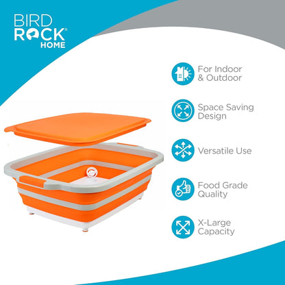 BIRDROCK HOME Collapsible Large BBQ Prep Tub w/Cutting Board, Multi-Function Grill Caddy w/Colander & Lid, Portable Silicone Dish Bowl for Picnic, Tailgate, Camping - Black
