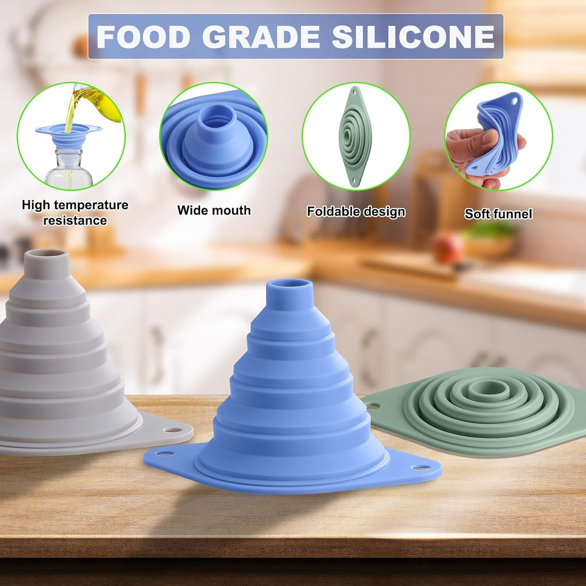 Kitchen Funnel Set, Collapsible Silicone Funnel for Filling Bottles, Beverage, Lab, Oil, Paint - Kitchen Gadgets Accessories Multicolor