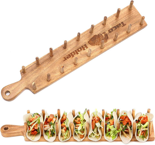 Vintage First Grade Acacia Wood Taco Holder Rack Tray Stand Up Holds 8 Soft or Hard Shell Tacos Also for Tortillas, Burritos