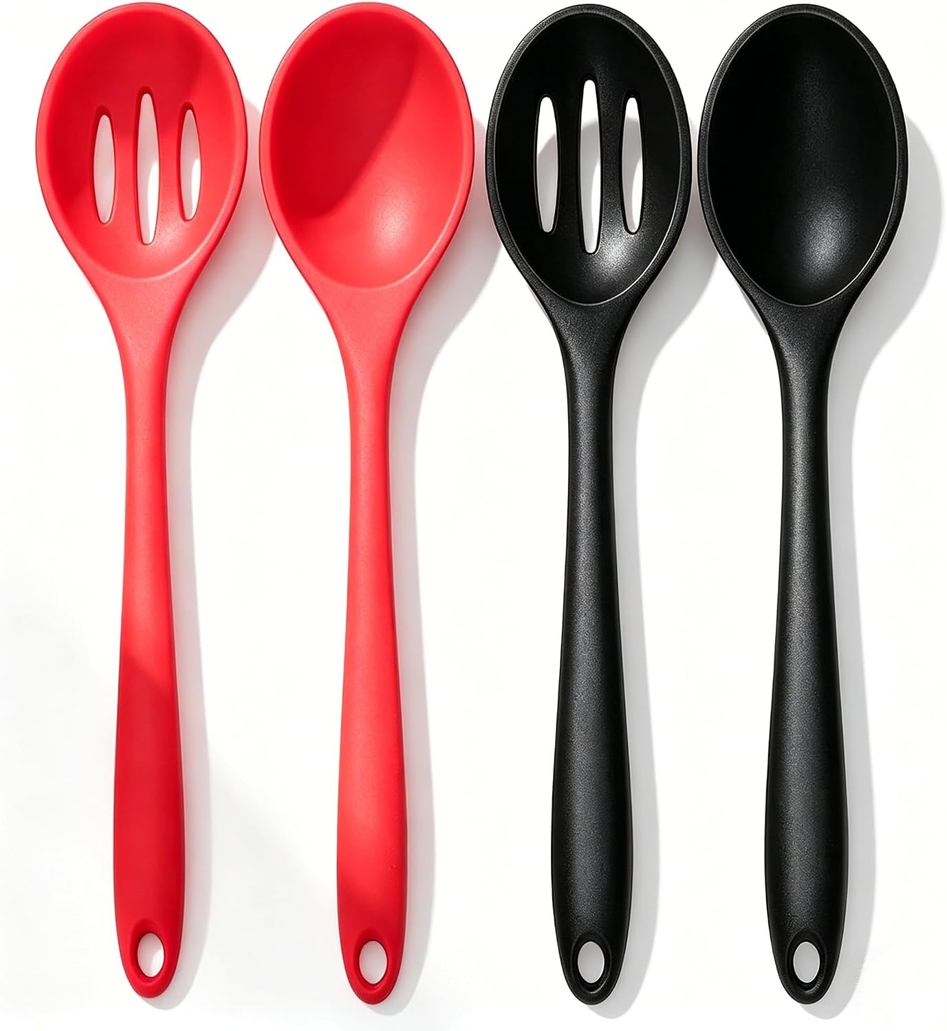 Silicone Cooking Spoon, Nonstick Kitchen Spoons Set for Cooking,Slotted and Solid Serving Spoon Heat Resistant, Silicone Mixing Basting Stirring Spoons for Nonstick Cookware 4 Pack (Black)