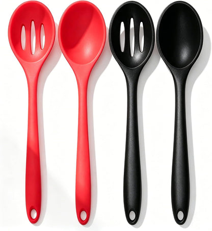 Silicone Cooking Spoon, Nonstick Kitchen Spoons Set for Cooking,Slotted and Solid Serving Spoon Heat Resistant, Silicone Mixing Basting Stirring Spoons for Nonstick Cookware 4 Pack (Black)