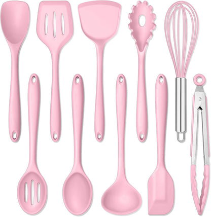E-far 10 Pieces Silicone Cooking Utensils Set, Heat Resistant Kitchen Utensil Set for Nonstick Cookware, Kitchen Cooking Tools with Spatula, Spoon, Slotted Turner, Non-Toxic & Dishwasher Safe (Khaki)