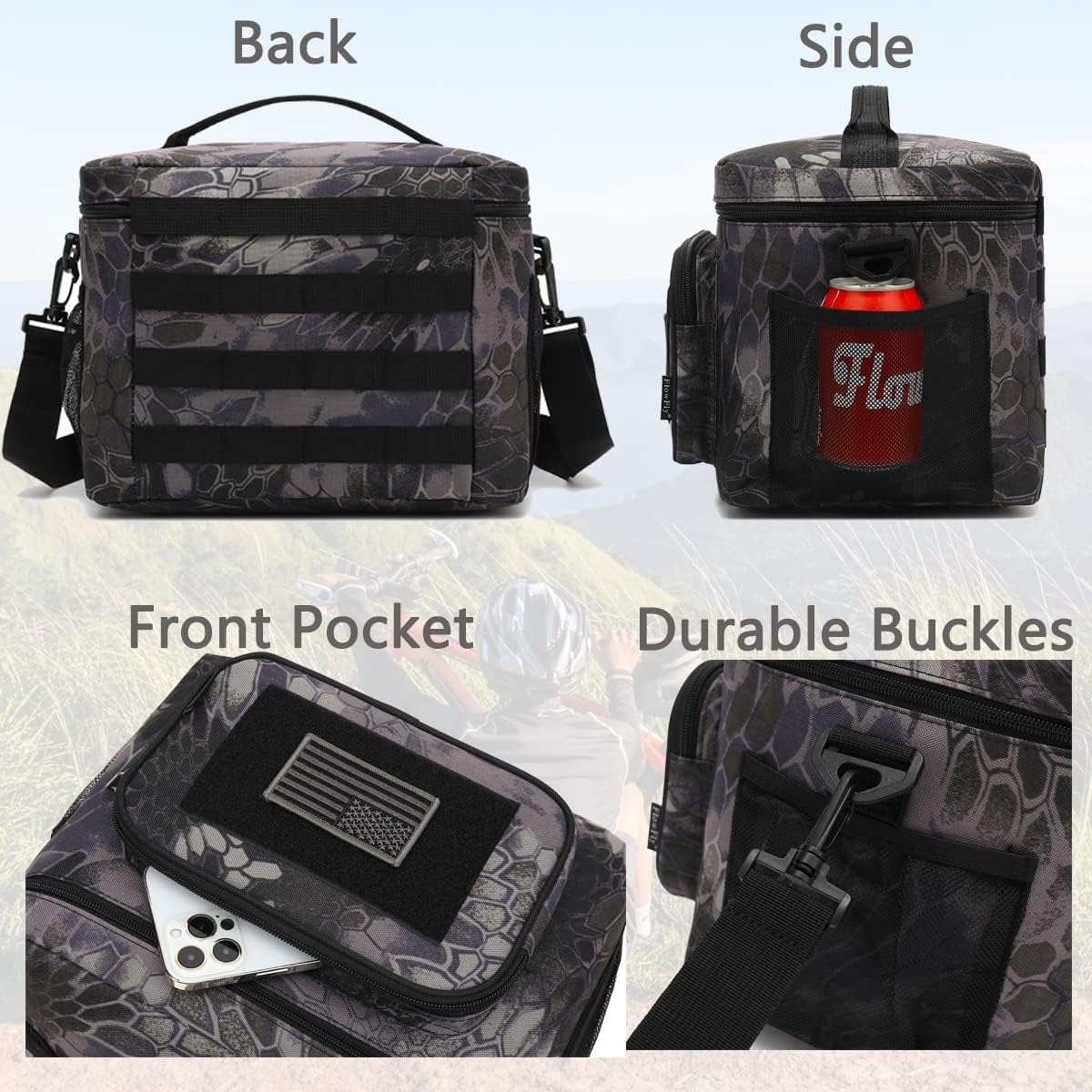 FlowFly Lunch Bag, Insulated Cooler, Thermal Lunch Box Tote with MOLLE/PALS Webbing, Adjustable Padded Shoulder Strap, for Tactical Men Women Adults and Boys Girls Kids (Cyan, Medium)