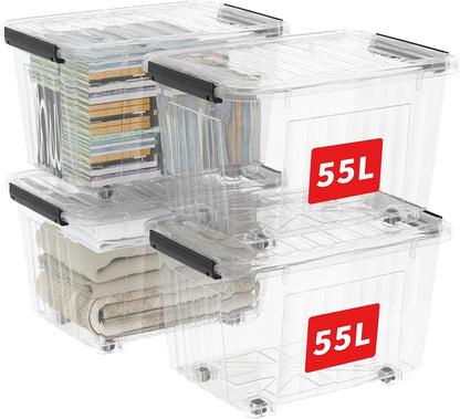 Cetomo 60Qt*6 Plastic Storage Bins, Storage Box, 6 Pack, Organizing Container with Wheels, Durable Lids and Secure Latching Buckles, Stackable and Nestable, Clear with Black Buckle