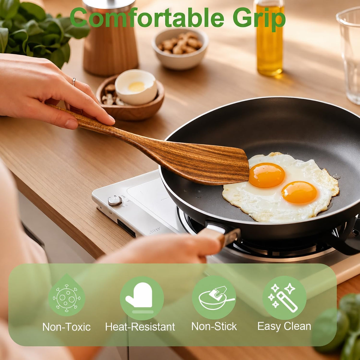 Wooden Spatula, Acacia Wood Long Handle Flat Frying Turner, Handmade wooden spoons for cooking, Kitchen Utensil set, Non-Stick Cooking Spurtle Utensils for kitchen use