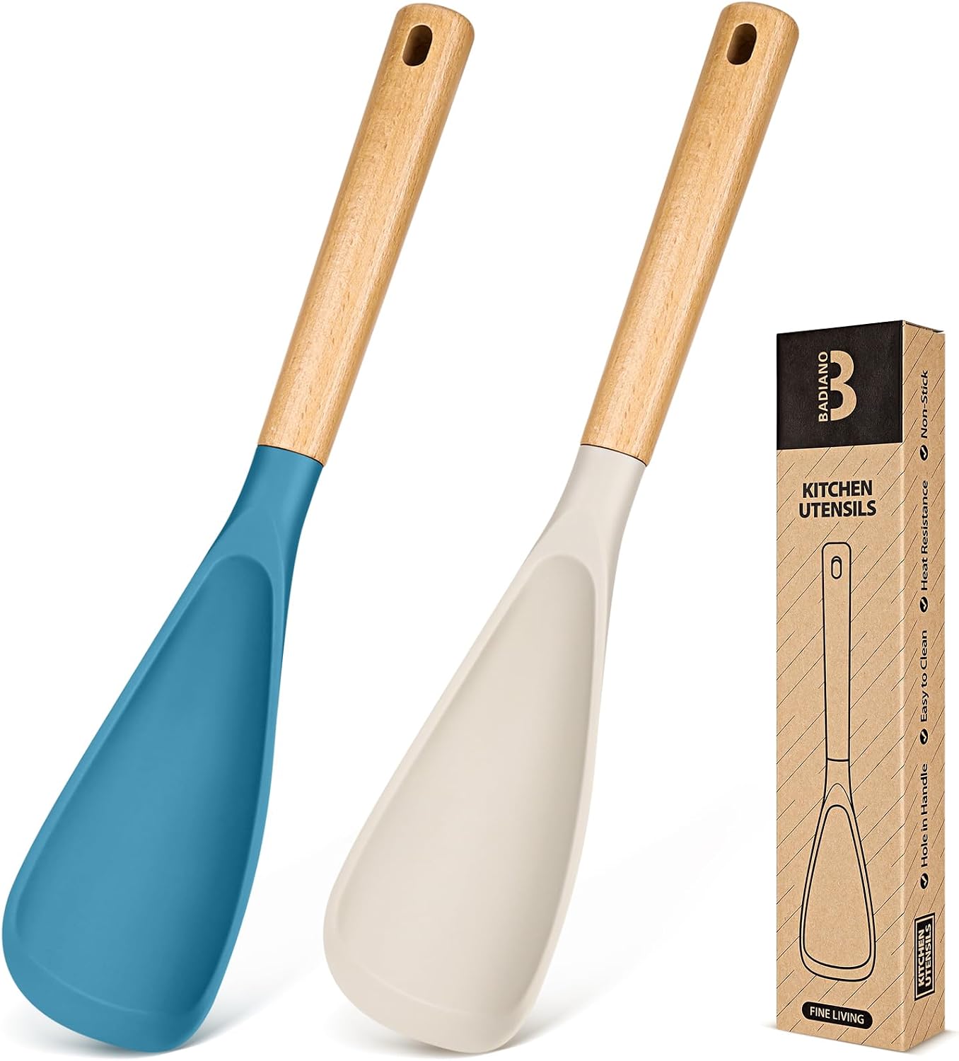 Cooking Spoon for Nonstick Cookwares, Great for Cooking and Serving Sturdy BPA-Free Matte Silicone, Wood Handle Spoon for Mixing, Scoop, and Scrape (Black & Grey, 11.4 inch)