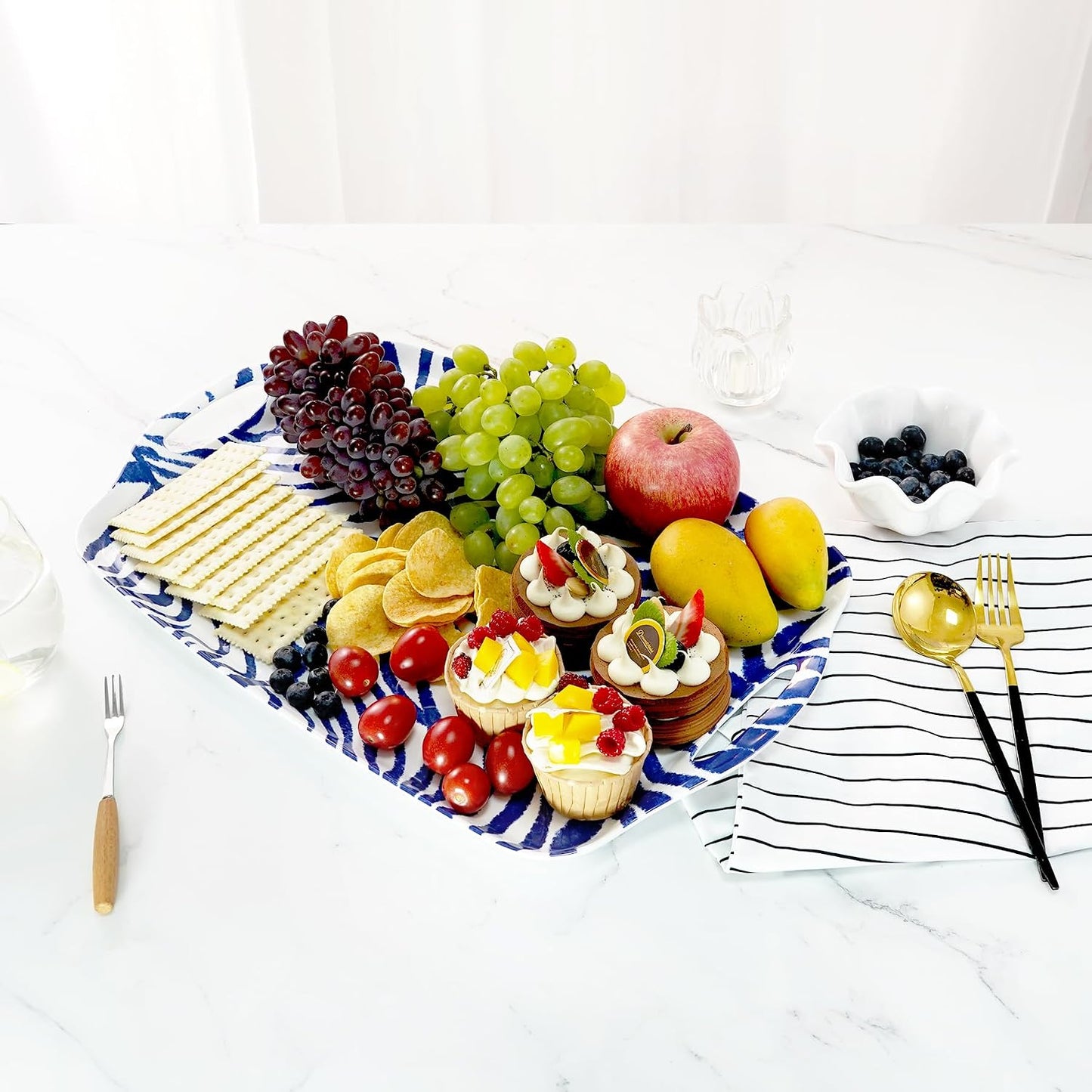TP Large Serving Trays with Handles, 19" x 12" Melamine Serving Platters for Food, Turkey, Set of 2 Rectangular Trays for Party, Pure White