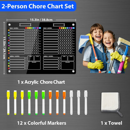PigPotParty 2-in-1 Acrylic Magnetic Chore Chart for 2 Kids, Couples, Roommates, 15"x11" Large Dry Erase Chore Board for Fridge, Clear Weekly & Daily Reward Chart, Includes 12 Markers & Towel