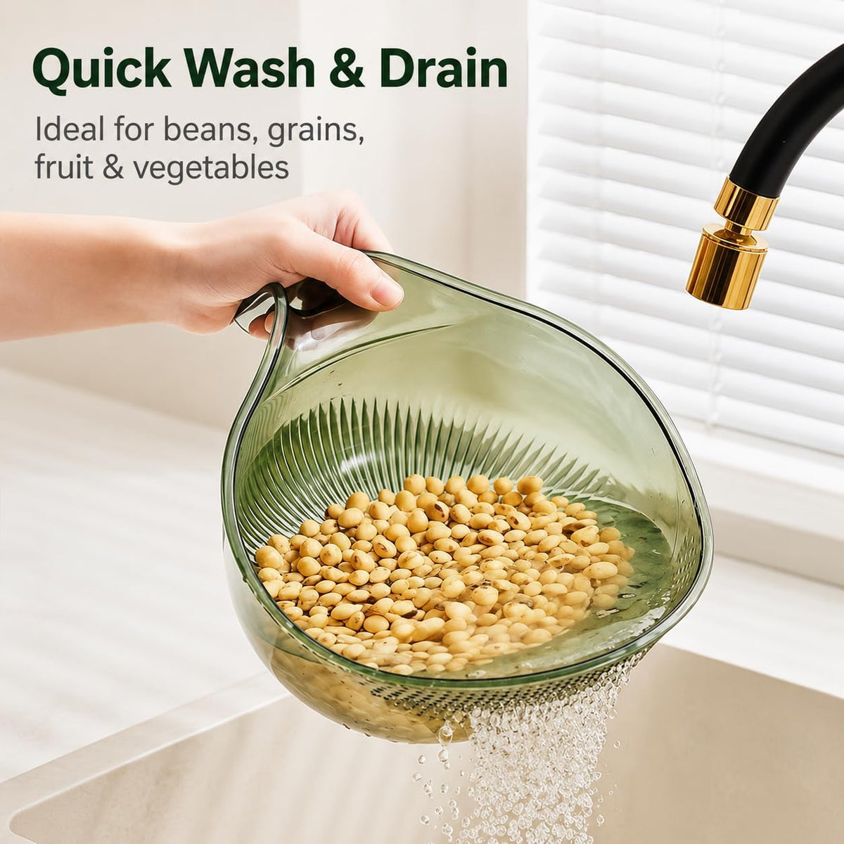 Rice Washer, Rice Rinser Strainer w/Handle, BPA-Free (Clear)