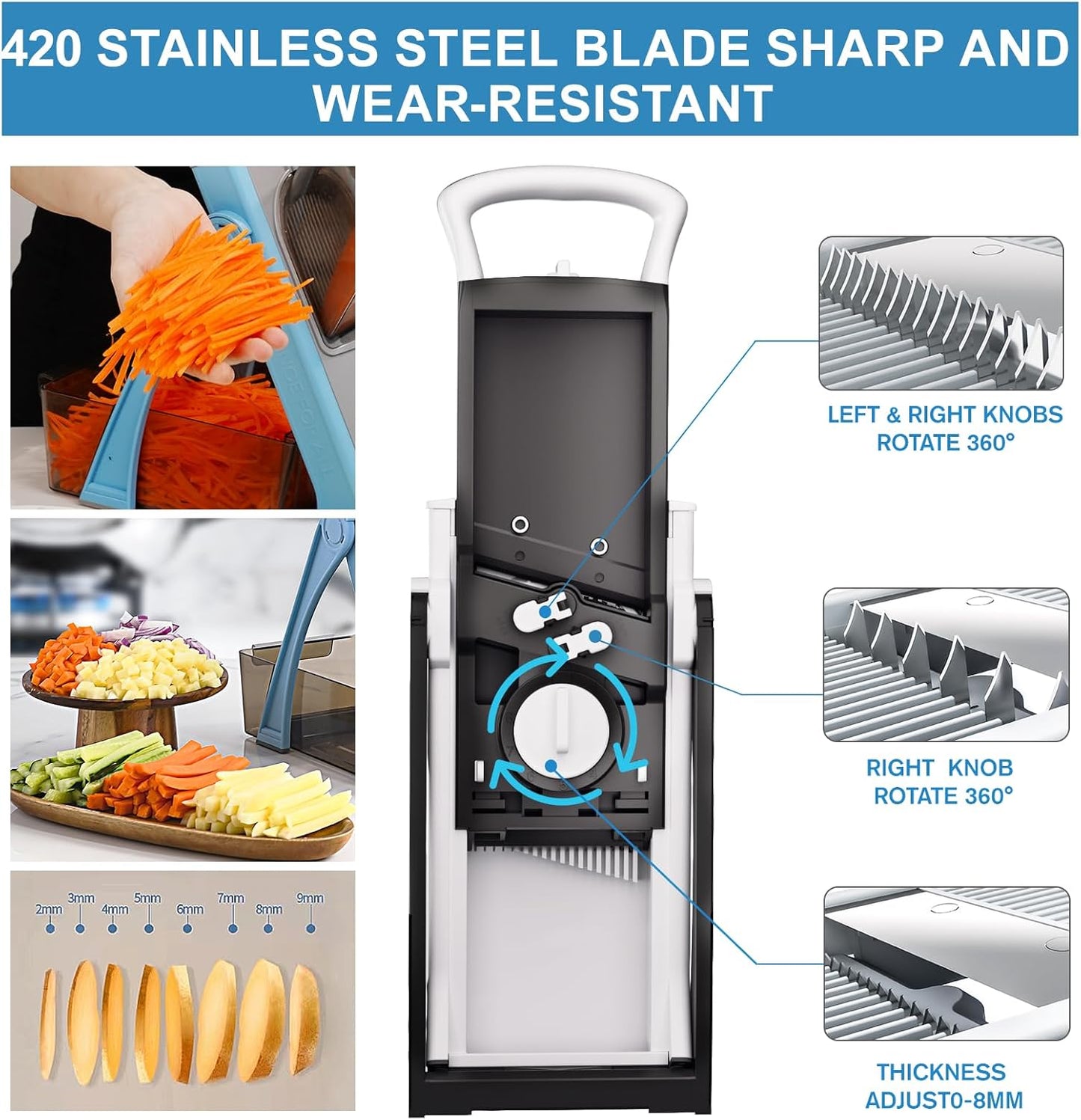 [All in 1] Upgraded Version Safe Mandoline Slicer for Kitchen, Adjustable Thickness. Veggie Slicer, Rapid Prep Mandoline, Detachable Blade, Cleaning Brush/Paring Knife (Black Knight)