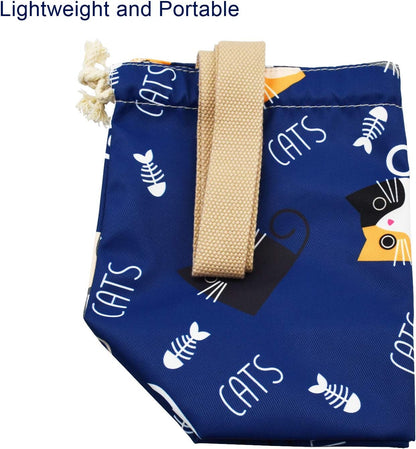 enyuwlcm Mini Lunch Tote Pouch Reusable Small Cute Lunch Bag with Drawstring Suitable for Girls Women Cat Blue